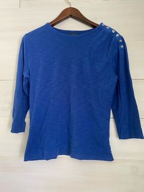 Ralph Lauren LRL Blue Slub Knit Button Shoulder Top 3/4 Sleeve Small Petite